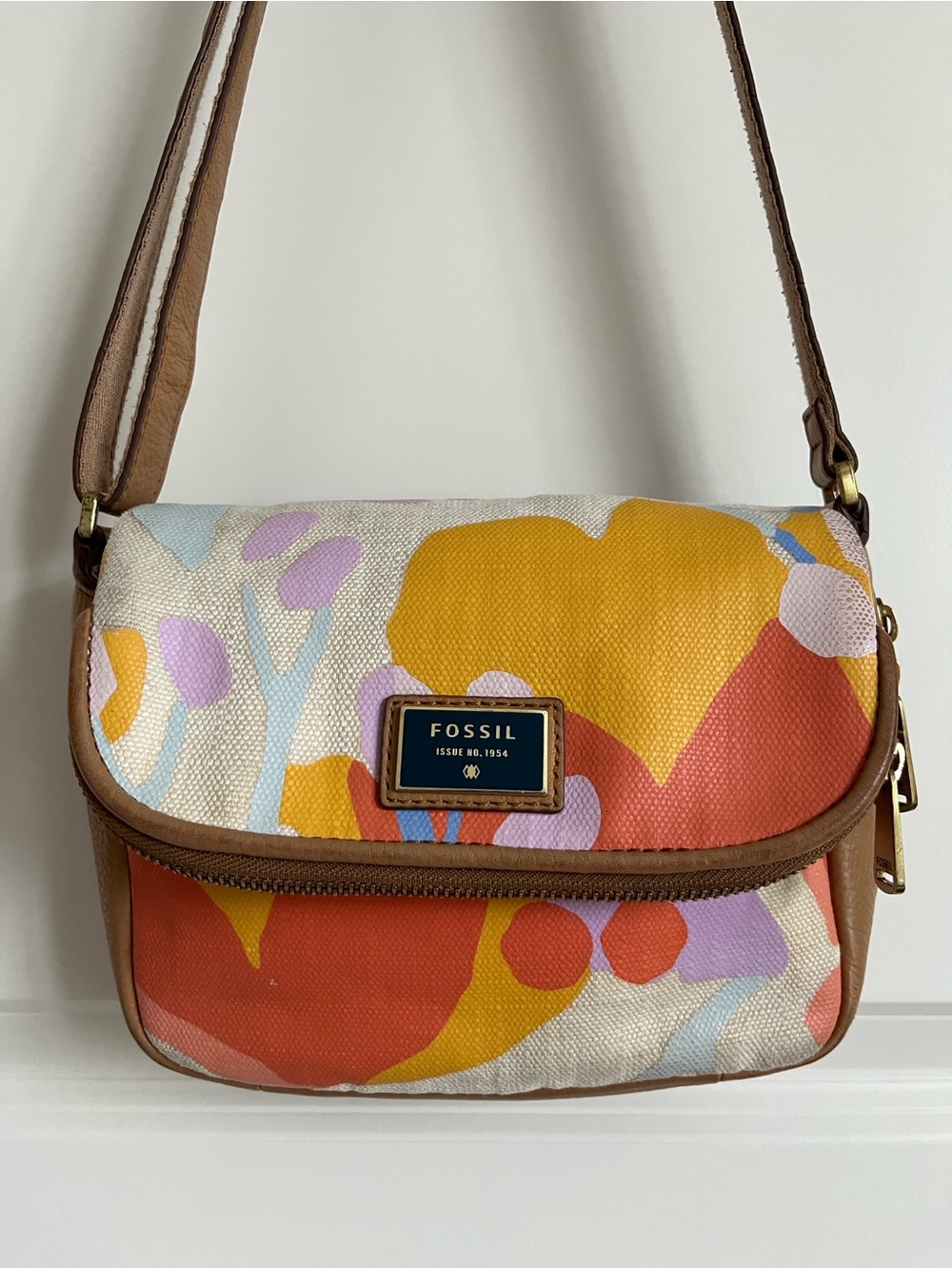 Fossil Women's Multicolor Floral Canvas Crossbody with Brown Trim